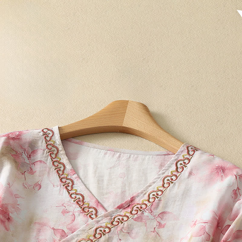 Buddha Stones T-shirt da donna estiva vintage stile Tang con scollo a V e ricami floreali, maniche a tre quarti. - image 19