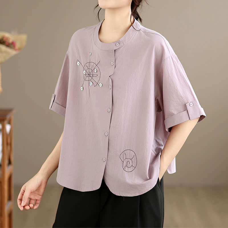 Buddha Stones Camicia da donna estiva casual minimalista con ricami di lumache e motivi geometrici, a maniche corte. - Cardo - US8-10, UK/AU12-14, EU40-42 (2XL) - image 0