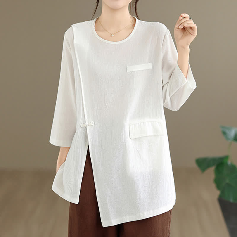 Buddha Stones Maglietta da donna a maniche lunghe con scollo rotondo, spacco laterale, stile Summer Tang, colore Pankou, tinta unita, con tasca. - Bianco - US12, UK/AU16, EU44 (3XL) - image 0