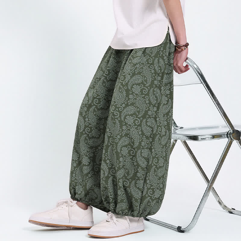 Buddha Stones Pantaloni Capri estivi boho casual con coulisse e stampa paisley, pantaloni harem da uomo con tasca - image 5