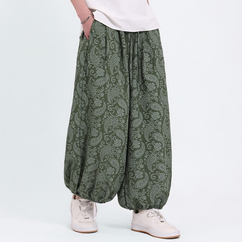 Buddha Stones Pantaloni Capri estivi boho casual con coulisse e stampa paisley, pantaloni harem da uomo con tasca - Verde oliva - US/UK/AU46, EU56 (5XL) - image 0