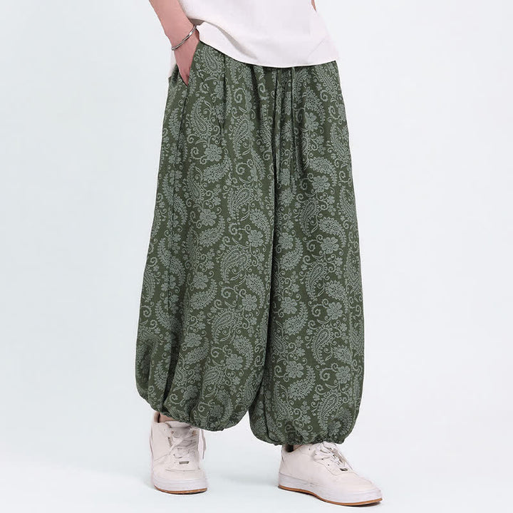 Buddha Stones Pantaloni Capri estivi boho casual con coulisse e stampa paisley, pantaloni harem da uomo con tasca - Verde oliva - US/UK/AU46, EU56 (5XL) - image 0