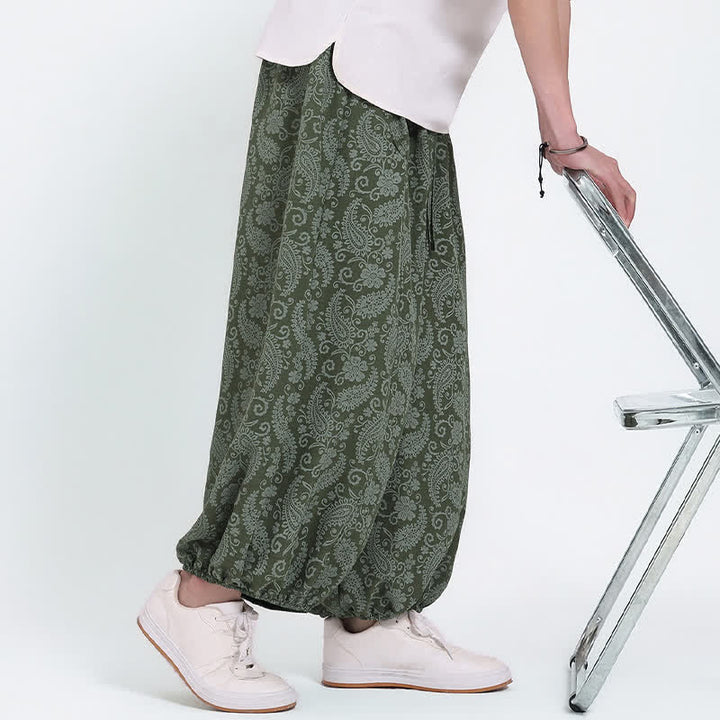 Buddha Stones Pantaloni Capri estivi boho casual con coulisse e stampa paisley, pantaloni harem da uomo con tasca - image 4