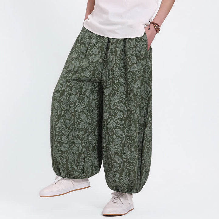 Buddha Stones Pantaloni Capri estivi boho casual con coulisse e stampa paisley, pantaloni harem da uomo con tasca - image 2