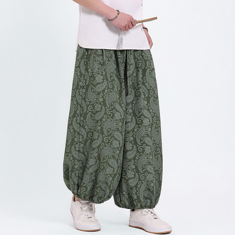 Buddha Stones Pantaloni Capri estivi boho casual con coulisse e stampa paisley, pantaloni harem da uomo con tasca - image 3