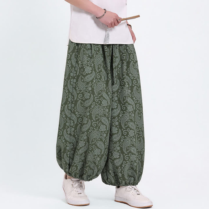 Buddha Stones Pantaloni Capri estivi boho casual con coulisse e stampa paisley, pantaloni harem da uomo con tasca - image 3