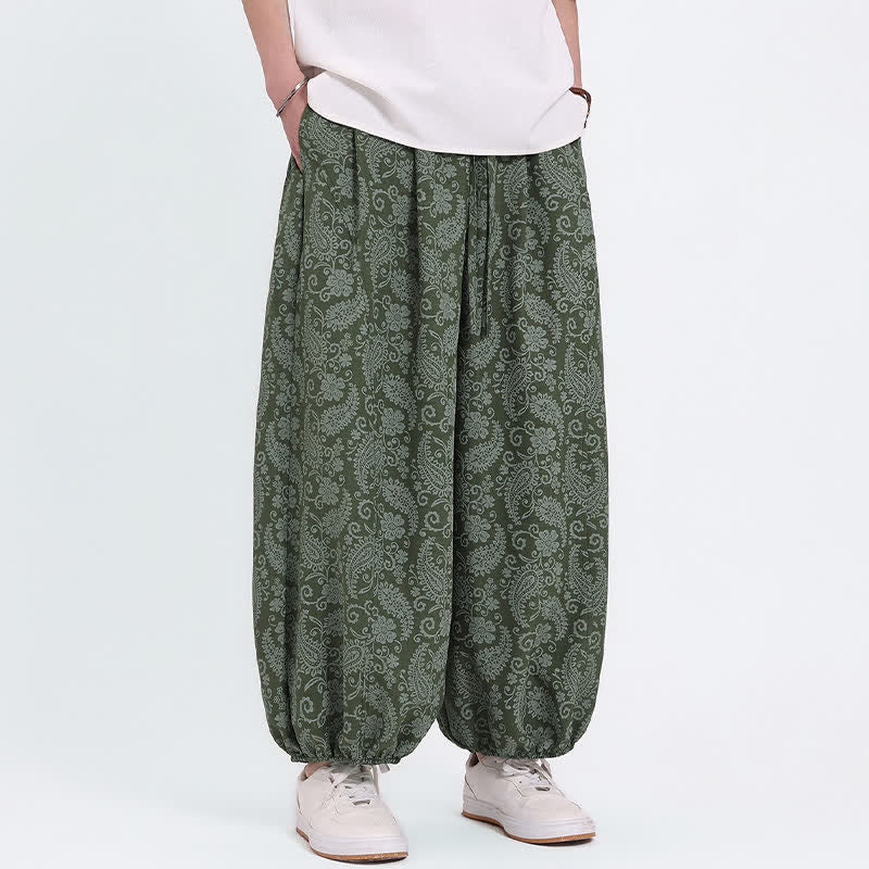 Buddha Stones Pantaloni Capri estivi boho casual con coulisse e stampa paisley, pantaloni harem da uomo con tasca - image 1