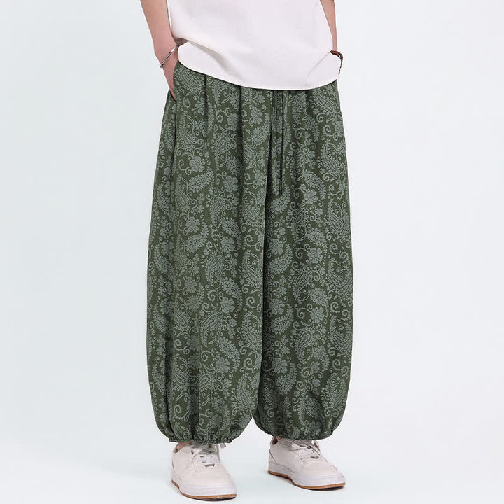 Buddha Stones Pantaloni Capri estivi boho casual con coulisse e stampa paisley, pantaloni harem da uomo con tasca - image 1