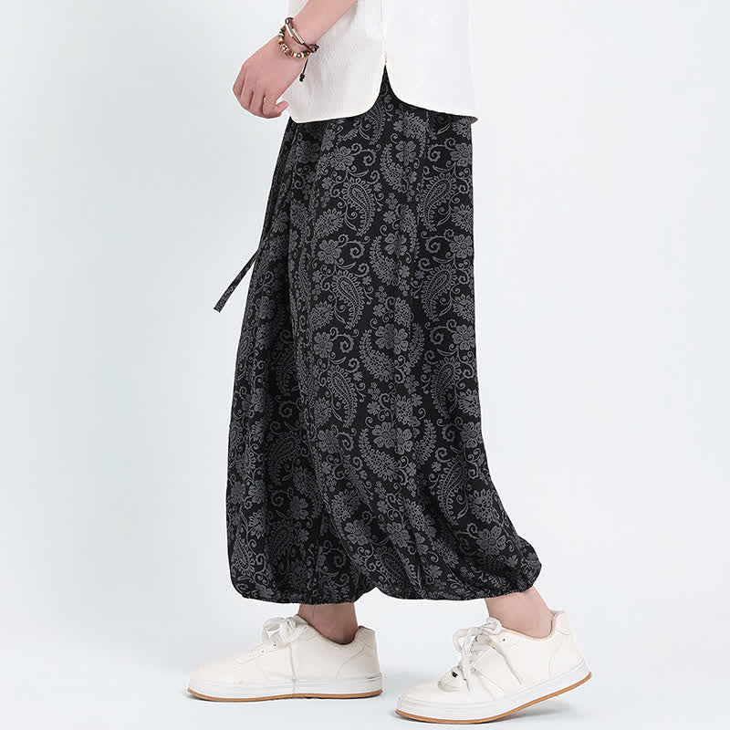 Buddha Stones Pantaloni Capri estivi boho casual con coulisse e stampa paisley, pantaloni harem da uomo con tasca - image 10