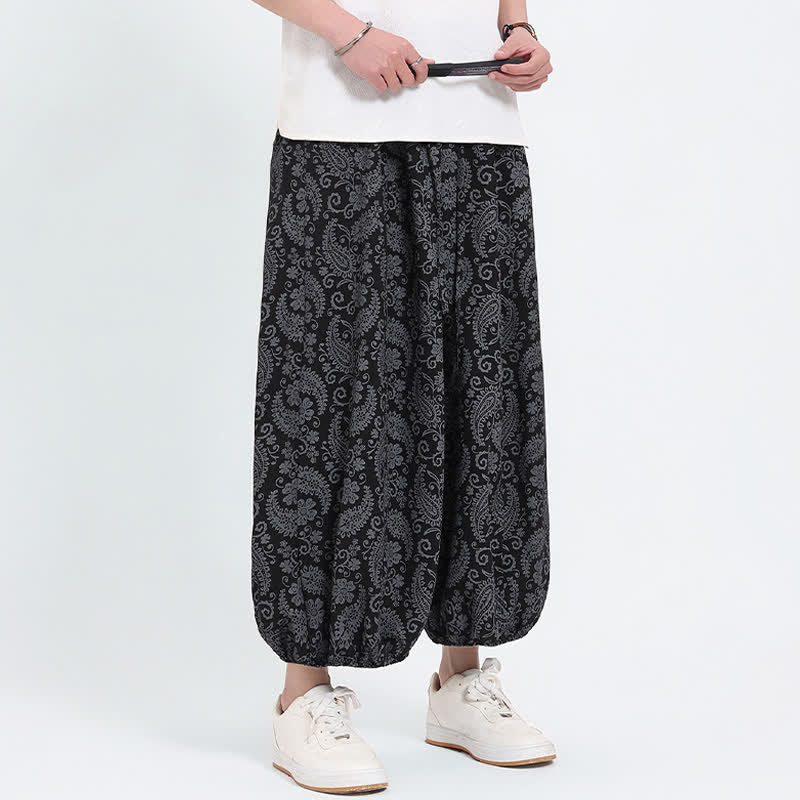Buddha Stones Pantaloni Capri estivi boho casual con coulisse e stampa paisley, pantaloni harem da uomo con tasca - image 7