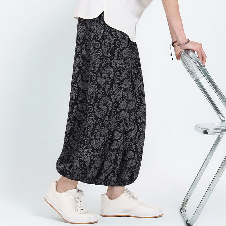 Buddha Stones Pantaloni Capri estivi boho casual con coulisse e stampa paisley, pantaloni harem da uomo con tasca - image 11