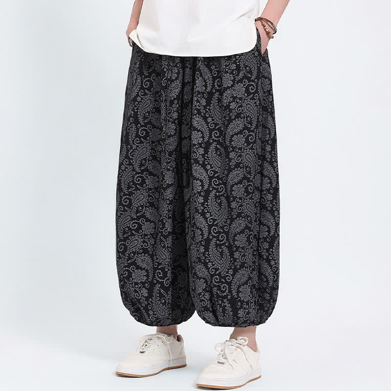 Buddha Stones Pantaloni Capri estivi boho casual con coulisse e stampa paisley, pantaloni harem da uomo con tasca - image 8
