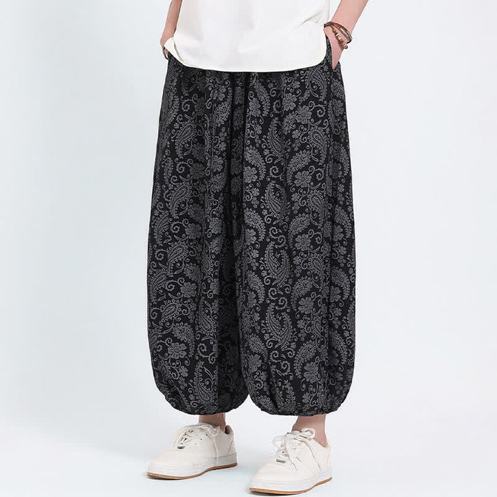 Buddha Stones Pantaloni Capri estivi boho casual con coulisse e stampa paisley, pantaloni harem da uomo con tasca - image 8
