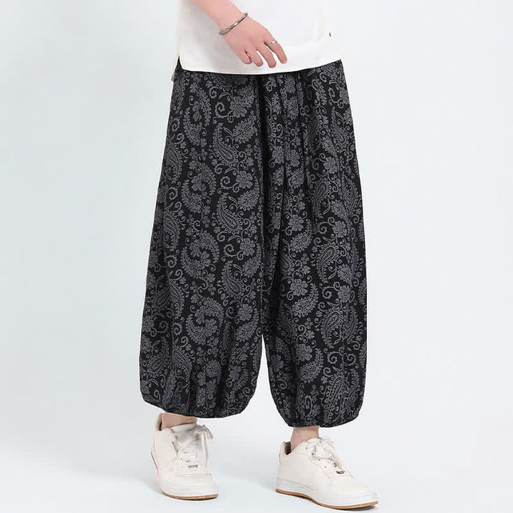 Buddha Stones Pantaloni Capri estivi boho casual con coulisse e stampa paisley, pantaloni harem da uomo con tasca - Nero - US/UK/AU46, EU56 (5XL) - image 6
