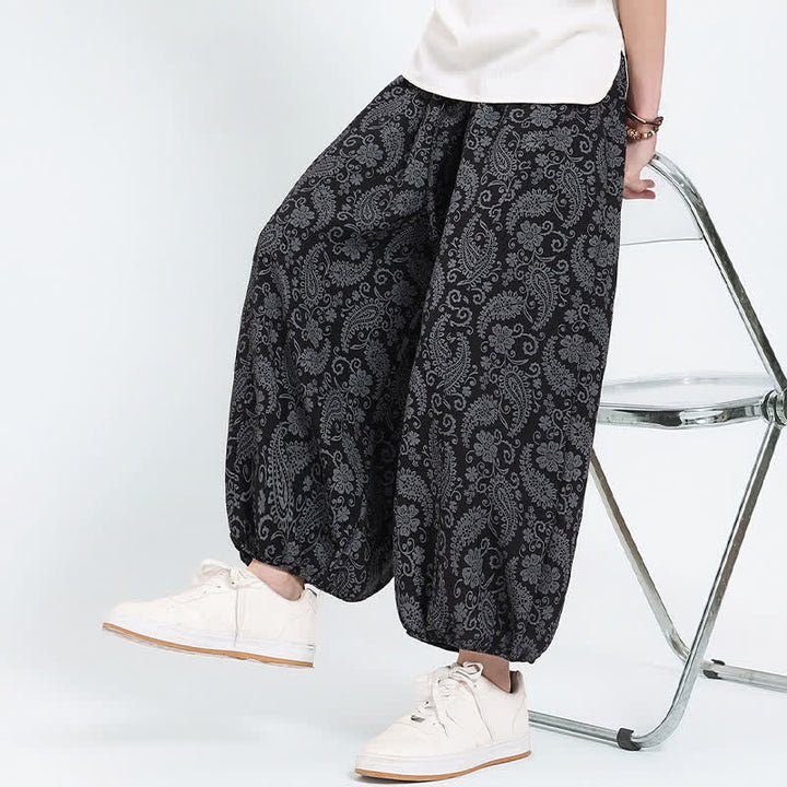 Buddha Stones Pantaloni Capri estivi boho casual con coulisse e stampa paisley, pantaloni harem da uomo con tasca - image 12