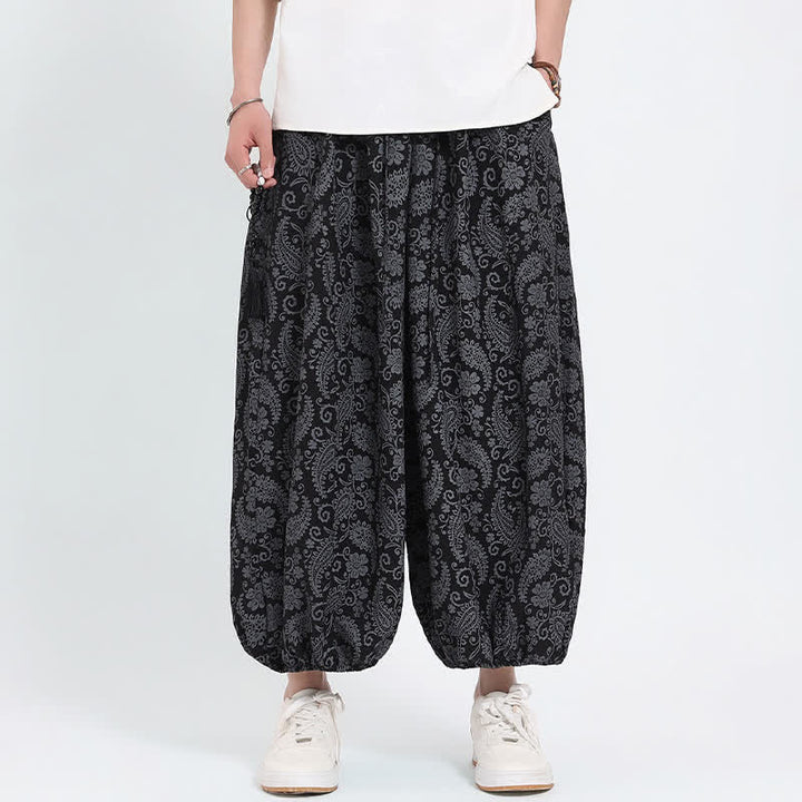 Buddha Stones Pantaloni Capri estivi boho casual con coulisse e stampa paisley, pantaloni harem da uomo con tasca - image 9