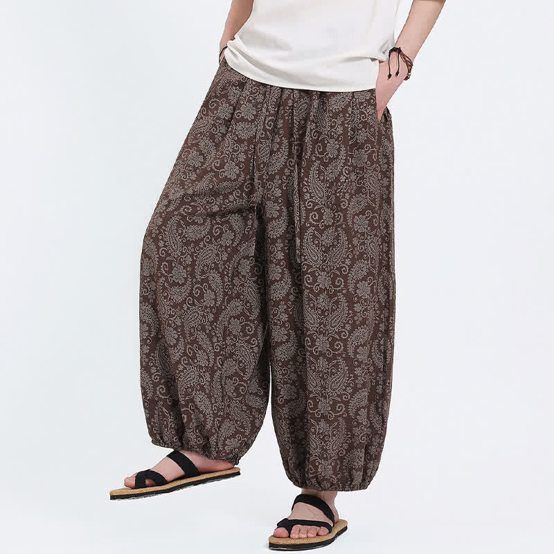 Buddha Stones Pantaloni Capri estivi boho casual con coulisse e stampa paisley, pantaloni harem da uomo con tasca - image 18
