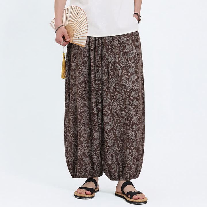 Buddha Stones Pantaloni Capri estivi boho casual con coulisse e stampa paisley, pantaloni harem da uomo con tasca - image 14