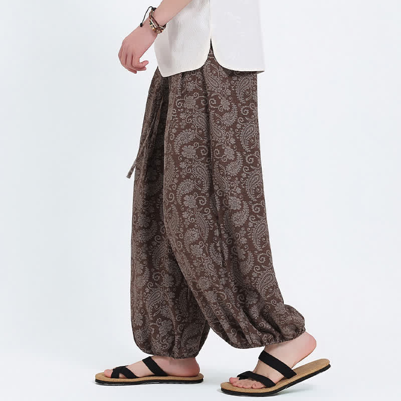 Buddha Stones Pantaloni Capri estivi boho casual con coulisse e stampa paisley, pantaloni harem da uomo con tasca - image 17