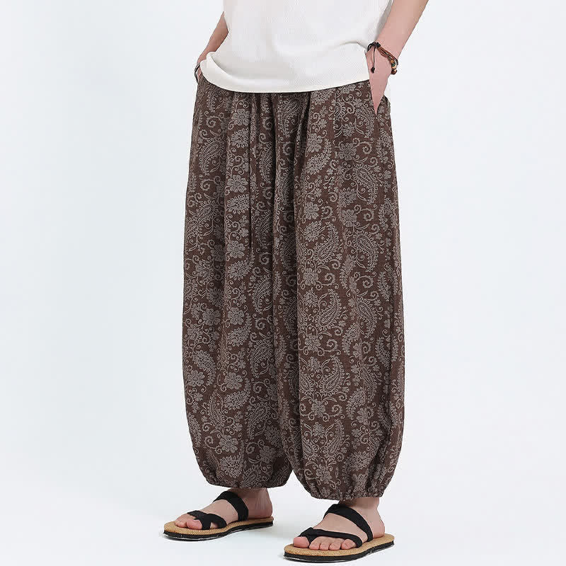 Buddha Stones Pantaloni Capri estivi boho casual con coulisse e stampa paisley, pantaloni harem da uomo con tasca - image 16