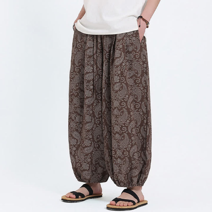 Buddha Stones Pantaloni Capri estivi boho casual con coulisse e stampa paisley, pantaloni harem da uomo con tasca - image 16