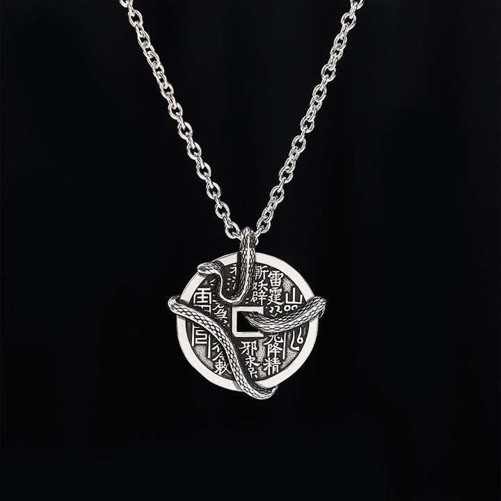 Buddha Stones Collana di monete di rame placcata con argento Fantasmi di montagna spendono soldi Serpente avvolto attorno a una moneta di rame - image 2