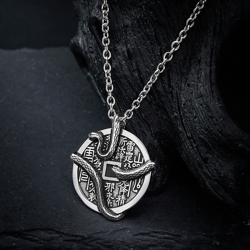 Buddha Stones Collana di monete di rame placcata con argento Fantasmi di montagna spendono soldi Serpente avvolto attorno a una moneta di rame - image 4