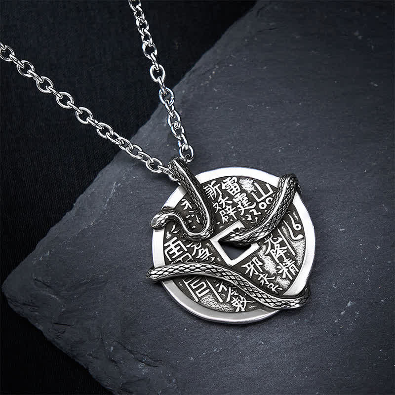Buddha Stones Collana di monete di rame placcata con argento Fantasmi di montagna spendono soldi Serpente avvolto attorno a una moneta di rame - image 3