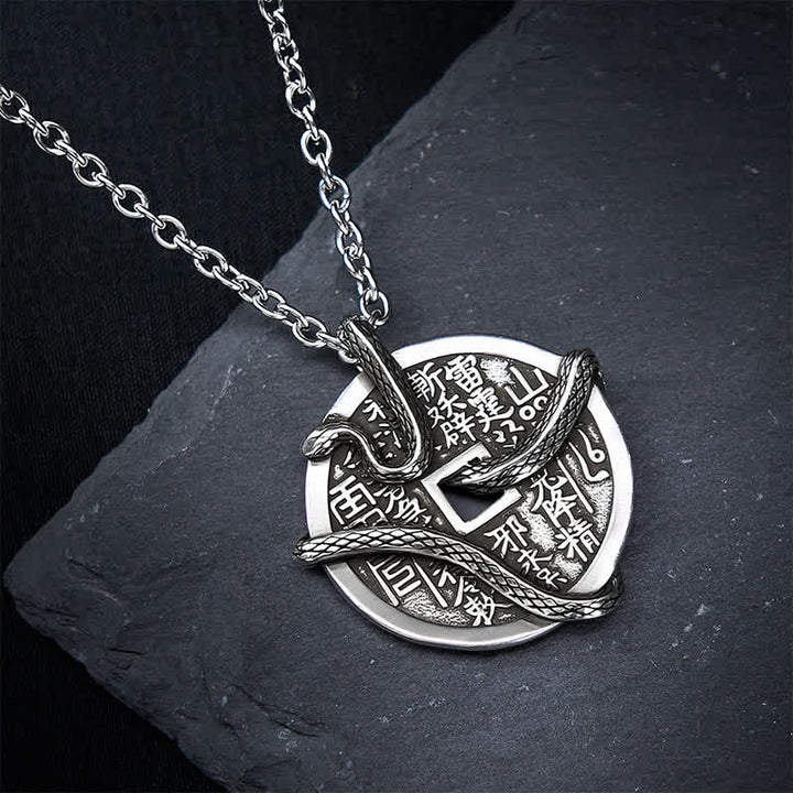 Buddha Stones Collana di monete di rame placcata con argento Fantasmi di montagna spendono soldi Serpente avvolto attorno a una moneta di rame - image 3