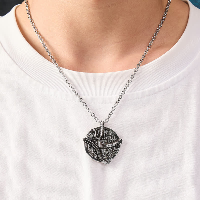 Buddha Stones Collana di monete di rame placcata con argento Fantasmi di montagna spendono soldi Serpente avvolto attorno a una moneta di rame - image 5