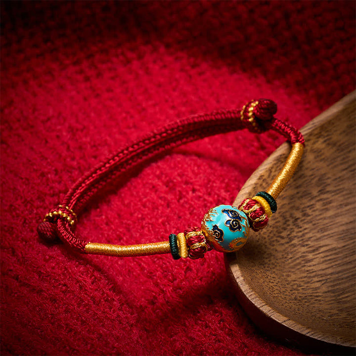 Buddha Stones Bracciale intrecciato resistente con perline di drago in rame e filo rosso - Cordino rosso scuro (circonferenza del polso: 15–20 cm) - Perla Drago Blu - image 10