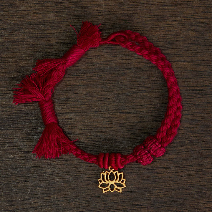 Buddha Stones Braccialetto "Nuovo inizio" con filo rosso e loto di rame - Cordino rosso scuro (circonferenza del polso: 14–17 cm) - LOTO - image 0
