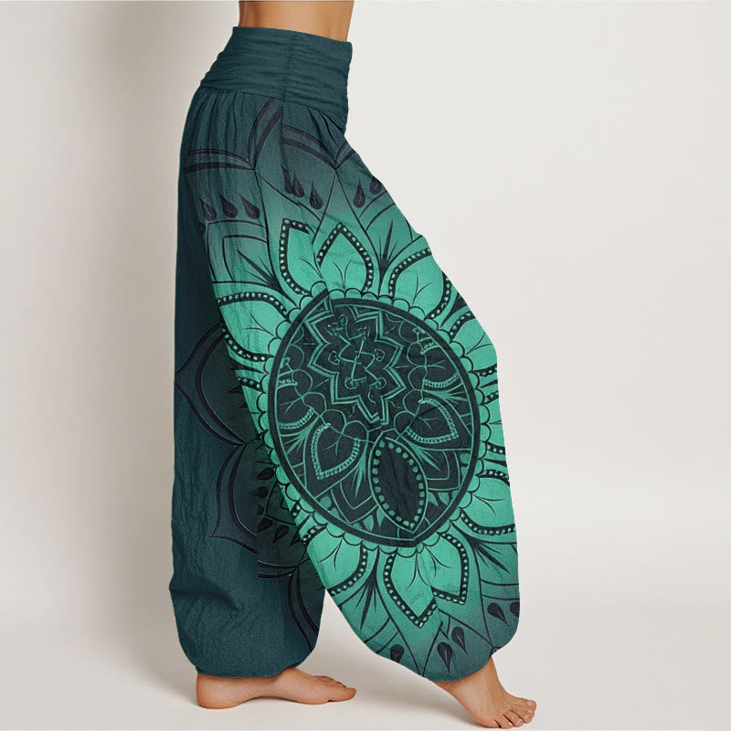 Buddha Stones Pantaloni harem da donna con elastico in vita e motivo mandala simmetrico in cotone - image 7