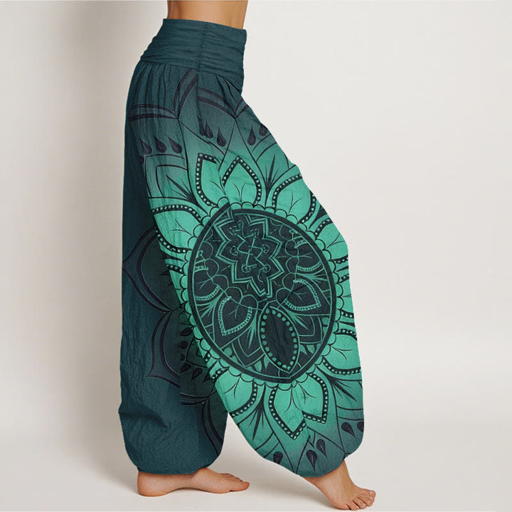 Buddha Stones Pantaloni harem da donna con elastico in vita e motivo mandala simmetrico in cotone - image 7