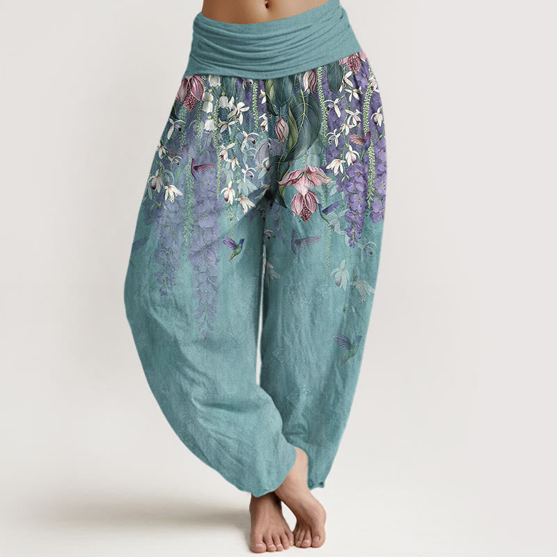 Buddha Stones Pantaloni harem da donna in puro cotone con motivo a uccelli e orchidee, con elastico in vita - Turchese medio - US16, UK/AU20, EU48 (3XL) - image 0