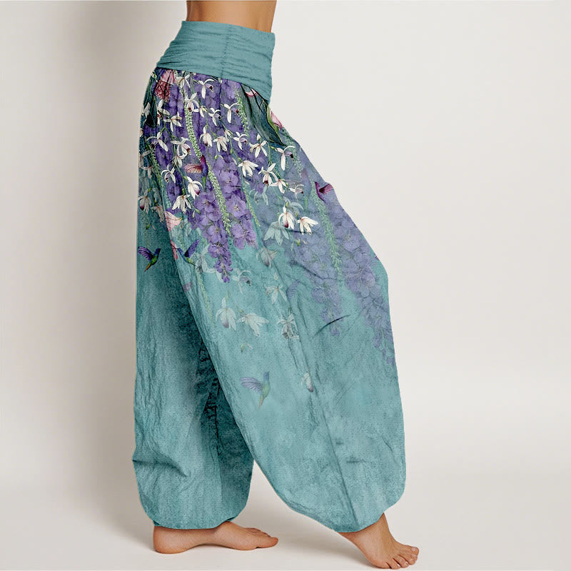 Buddha Stones Pantaloni harem da donna in puro cotone con motivo a uccelli e orchidee, con elastico in vita - image 2