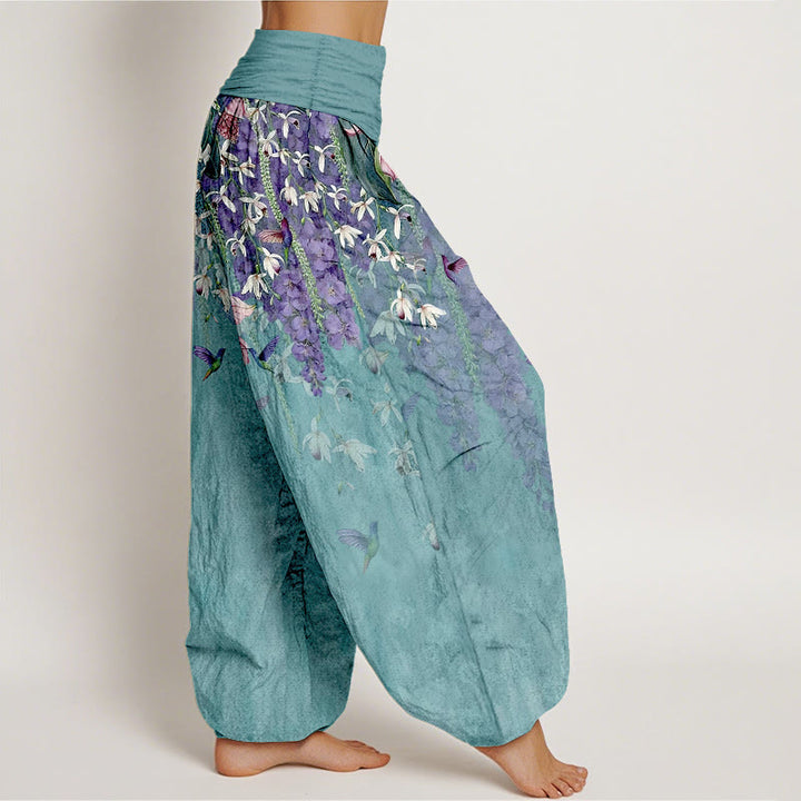 Buddha Stones Pantaloni harem da donna in puro cotone con motivo a uccelli e orchidee, con elastico in vita - image 2