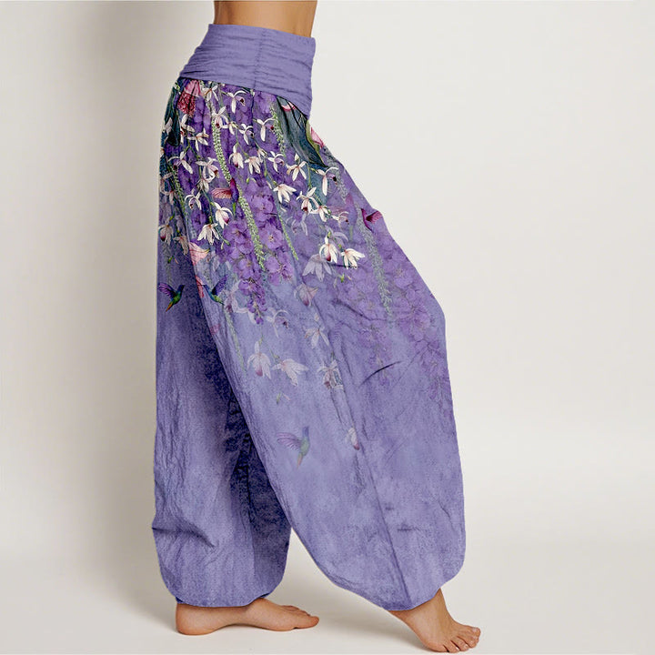 Buddha Stones Pantaloni harem da donna in puro cotone con motivo a uccelli e orchidee, con elastico in vita - image 7