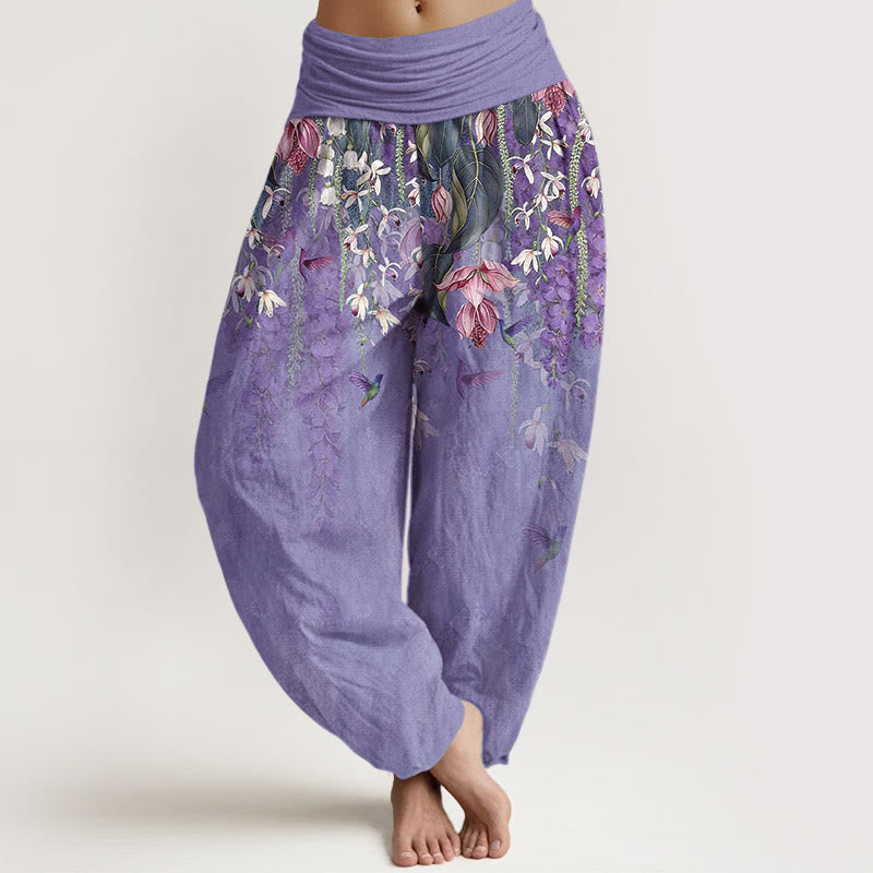 Buddha Stones Pantaloni harem da donna in puro cotone con motivo a uccelli e orchidee, con elastico in vita - Viola medio - US16, UK/AU20, EU48 (3XL) - image 5