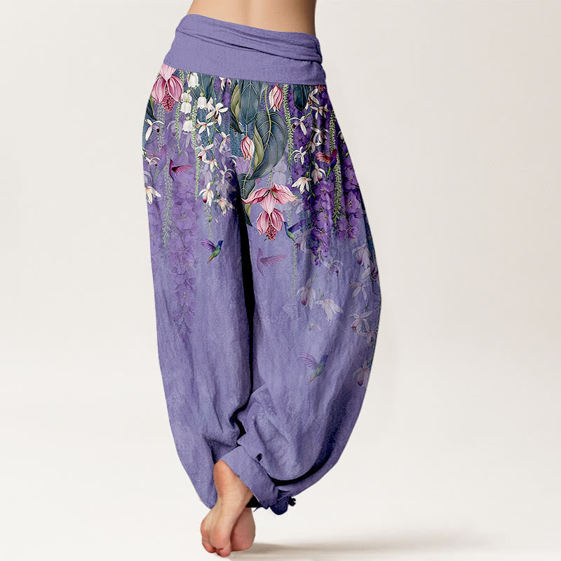 Buddha Stones Pantaloni harem da donna in puro cotone con motivo a uccelli e orchidee, con elastico in vita - image 6