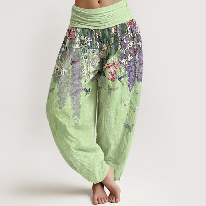 Buddha Stones Pantaloni harem da donna in puro cotone con motivo a uccelli e orchidee, con elastico in vita - Melata - US16, UK/AU20, EU48 (3XL) - image 8