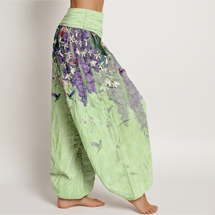 Buddha Stones Pantaloni harem da donna in puro cotone con motivo a uccelli e orchidee, con elastico in vita - image 10