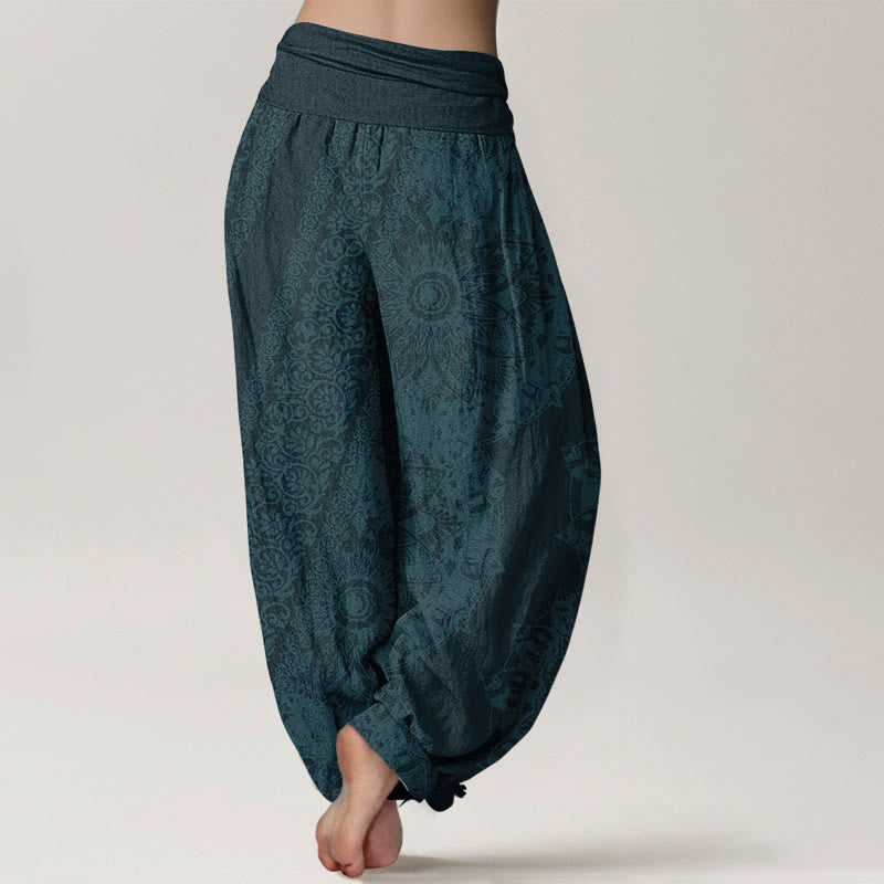 Pantaloni harem da donna con elastico in vita, in puro cotone con motivo mandala e fiori paralleli, motivo Buddha Stones - image 7
