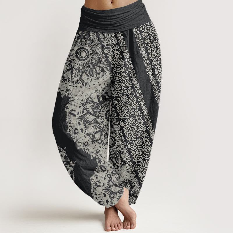 Pantaloni harem da donna con elastico in vita, in puro cotone con motivo mandala e fiori paralleli, motivo Buddha Stones - Grigio tenue - US22, UK/AU26, EU54 (6XL) - image 0