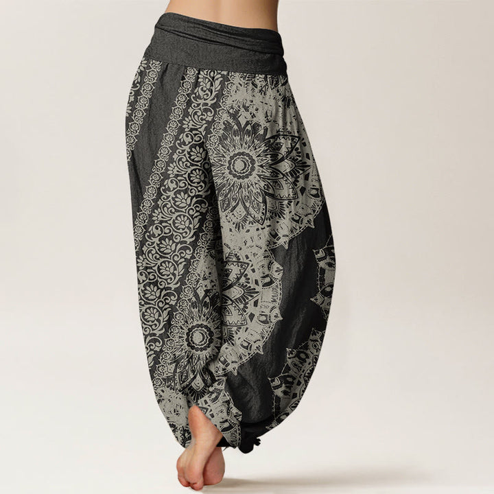 Pantaloni harem da donna con elastico in vita, in puro cotone con motivo mandala e fiori paralleli, motivo Buddha Stones - image 1