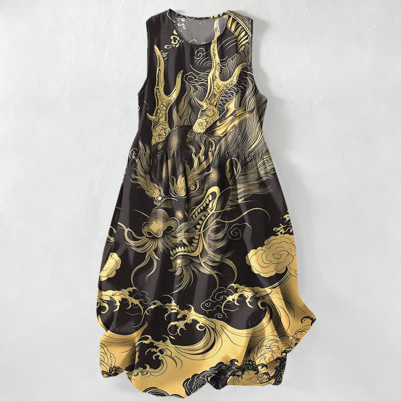 Buddha Stones Abito midi estivo casual da donna con motivo drago orientale e nuvole, senza maniche e tasche. - Nero - US16, UK/AU20, EU48 (3XL) - image 0