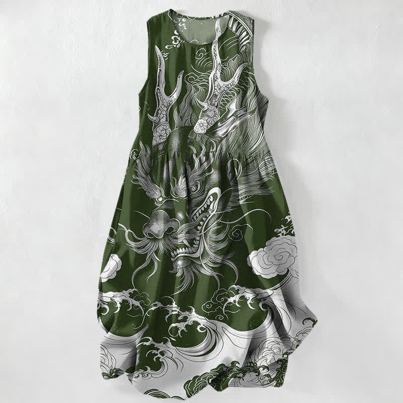 Buddha Stones Abito midi estivo casual da donna con motivo drago orientale e nuvole, senza maniche e tasche. - Verde oliva scuro - US16, UK/AU20, EU48 (3XL) - image 4
