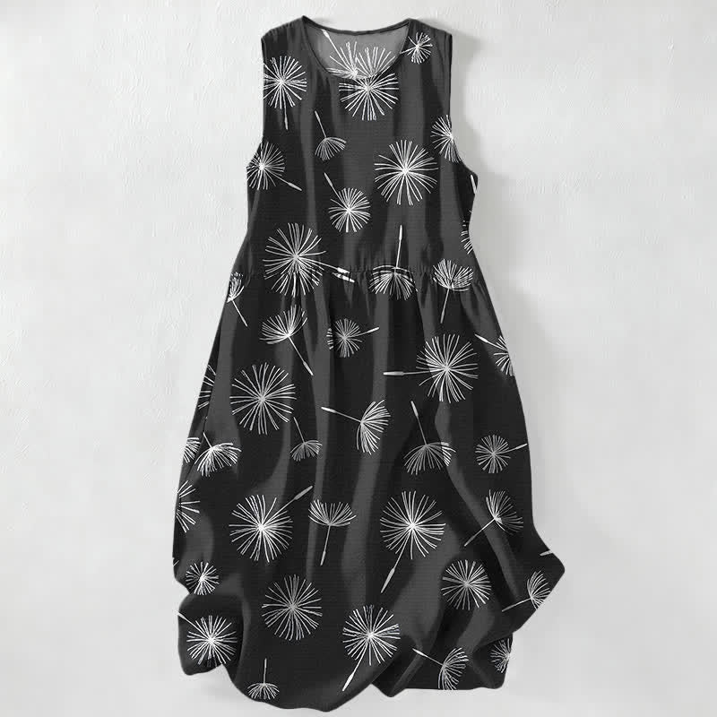 Buddha Stones Abito midi estivo casual da donna con stampa a fiori di dente di leone e tasche. - Nero - US16, UK/AU20, EU48 (3XL) - image 4