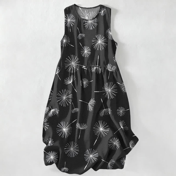 Buddha Stones Abito midi estivo casual da donna con stampa a fiori di dente di leone e tasche. - Nero - US16, UK/AU20, EU48 (3XL) - image 4
