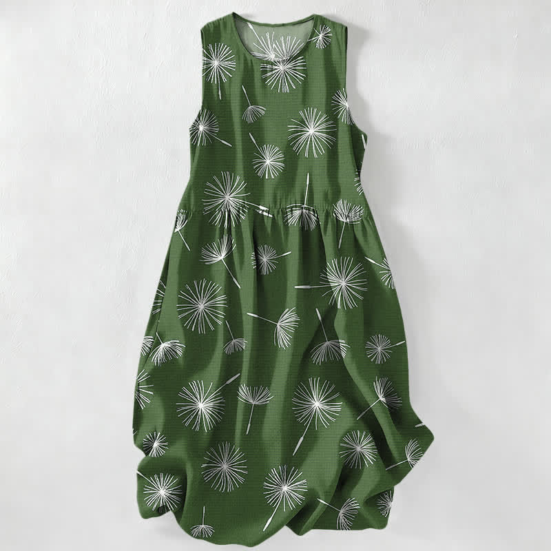 Buddha Stones Abito midi estivo casual da donna con stampa a fiori di dente di leone e tasche. - Verde oliva - US16, UK/AU20, EU48 (3XL) - image 5